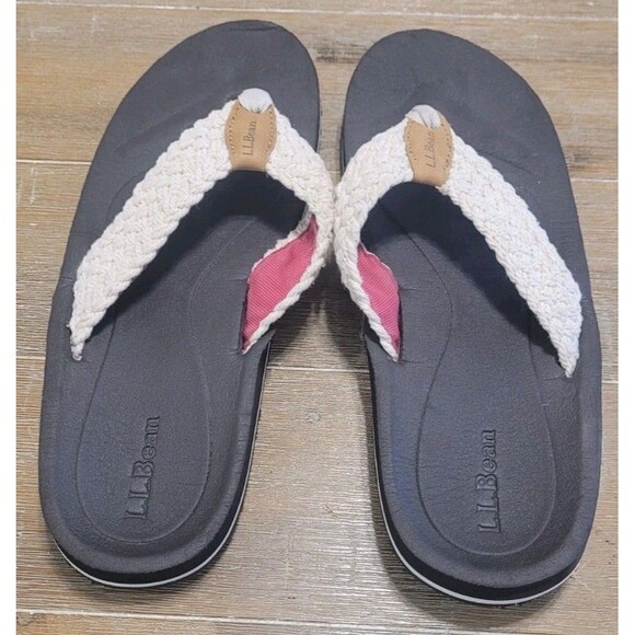 LL Bean Sandals Flip Flops Natural Colored Braided Straps Pink Canvas Women's 11 - Picture 2 of 4